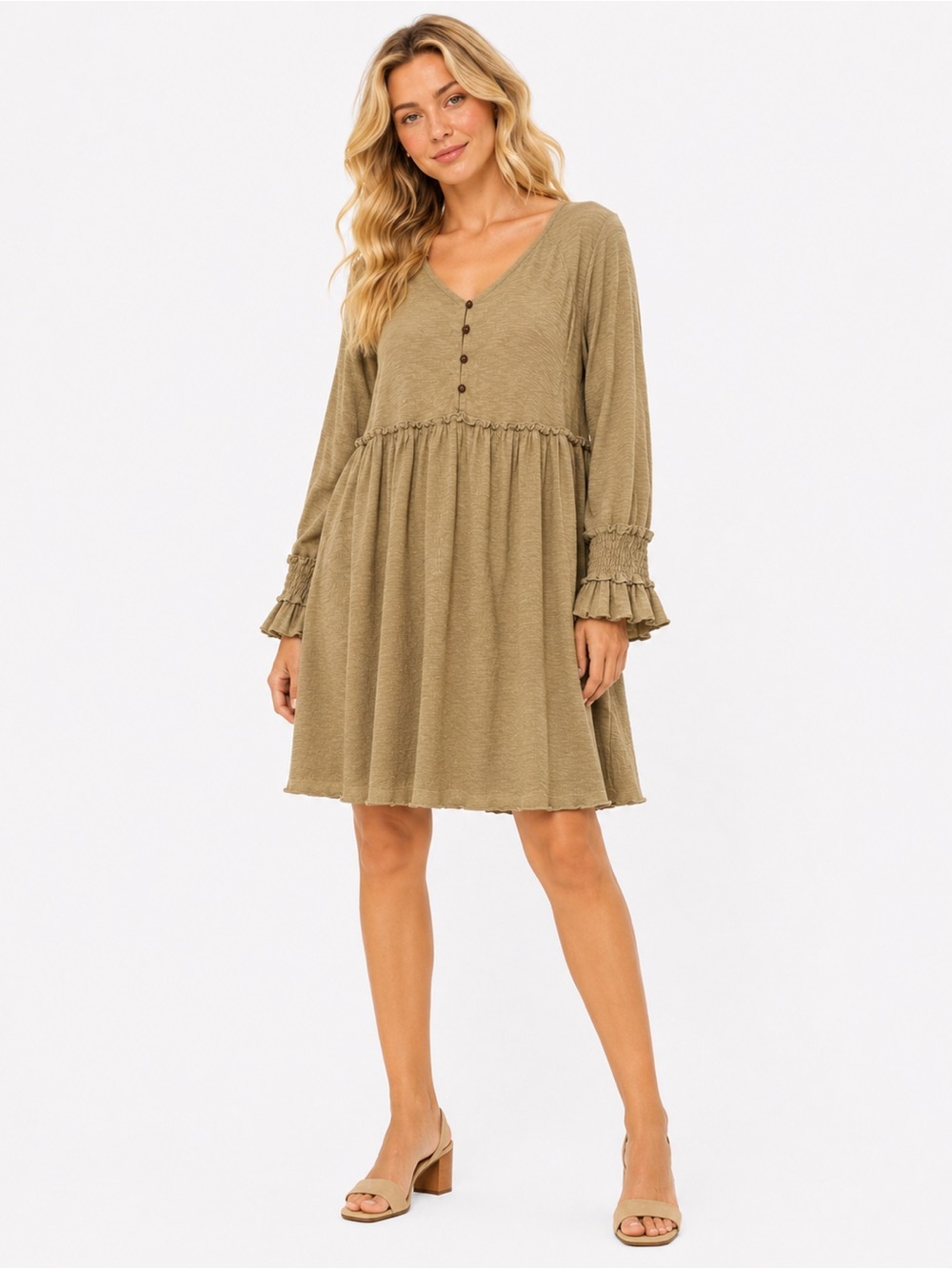 Umgee Size Medium V-Neck Long Sleeve Smocked Waist Dress in Olive